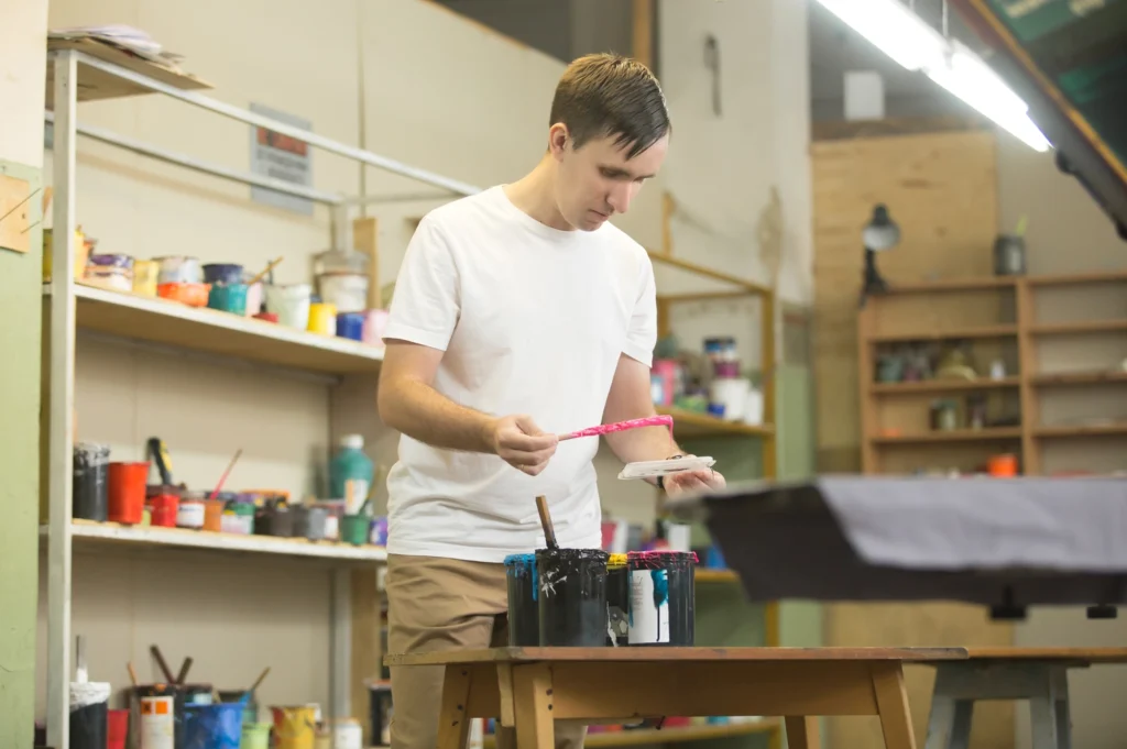 screen printing work at a workshop