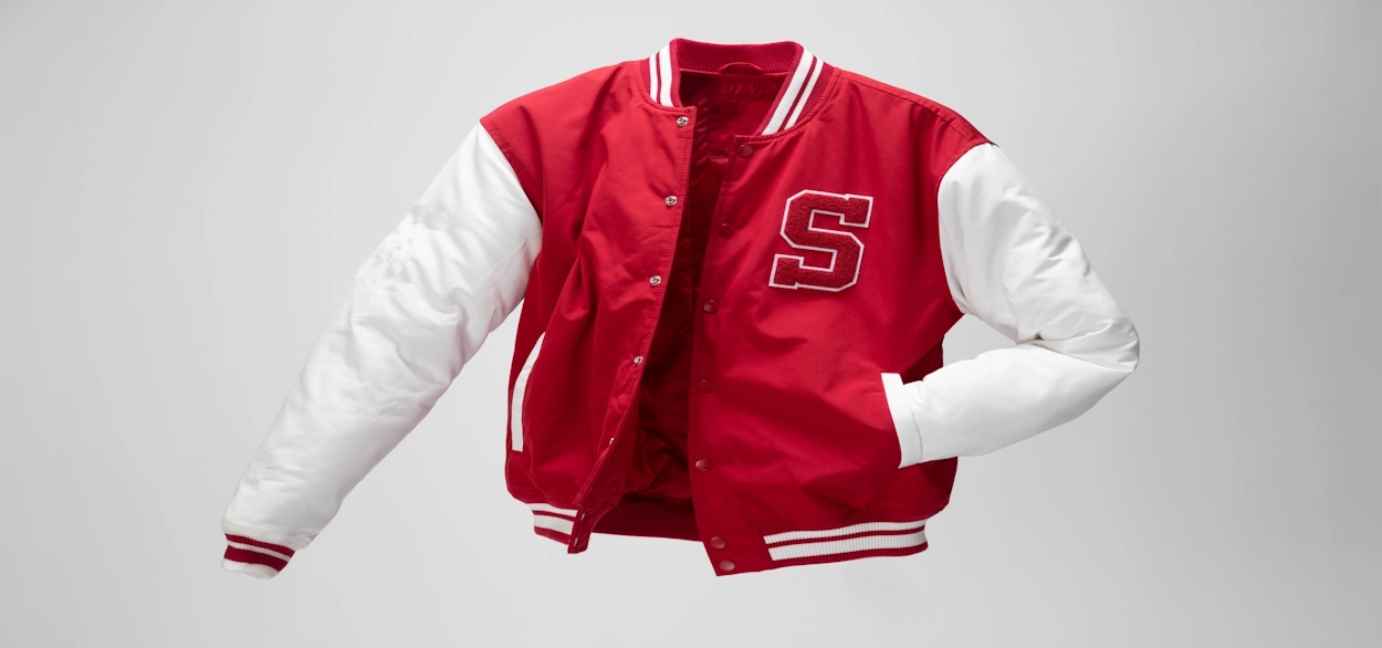 a custom letterman jacket on display